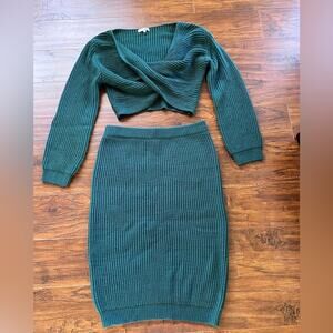 New Without Tag Forrest Green Ribbed Knit Crop Top Skirt Set Size Large Fall
